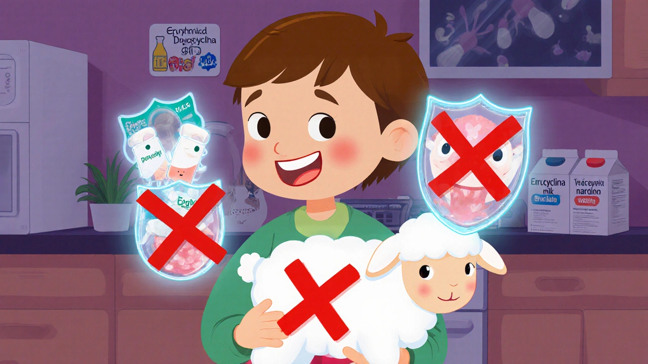 Child protected by erythromycin pills, doxycycline blocked with X mark