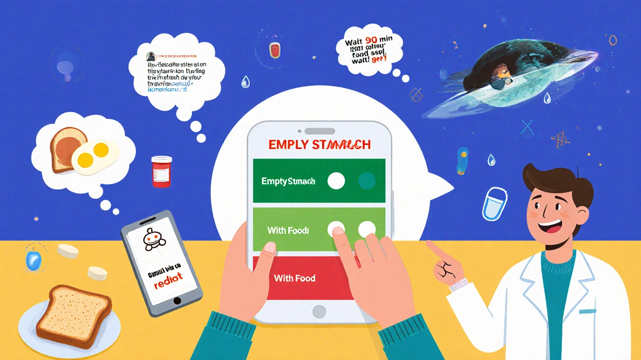 Color-coded pill organizer with morning doses labeled &#039;Empty Stomach&#039; and &#039;With Food&#039;