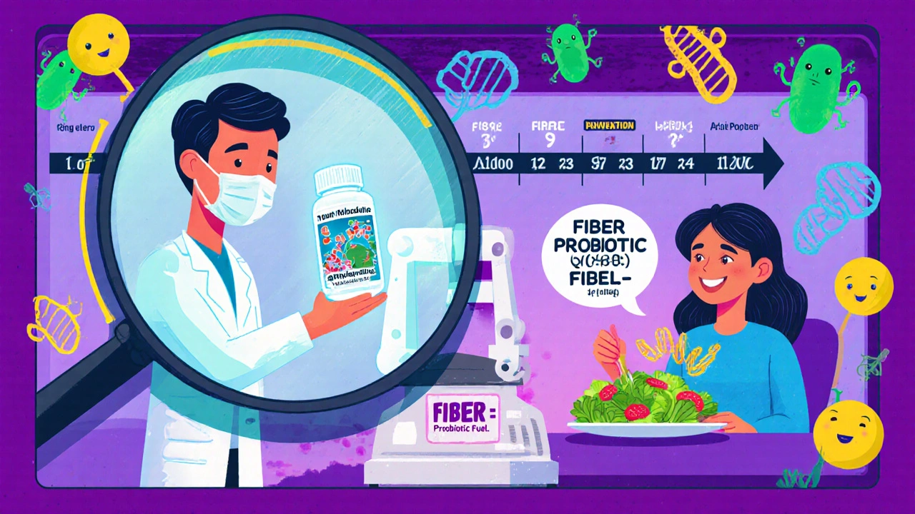 Custom probiotic capsule made from personalized gut map, person eating fiber-rich salad