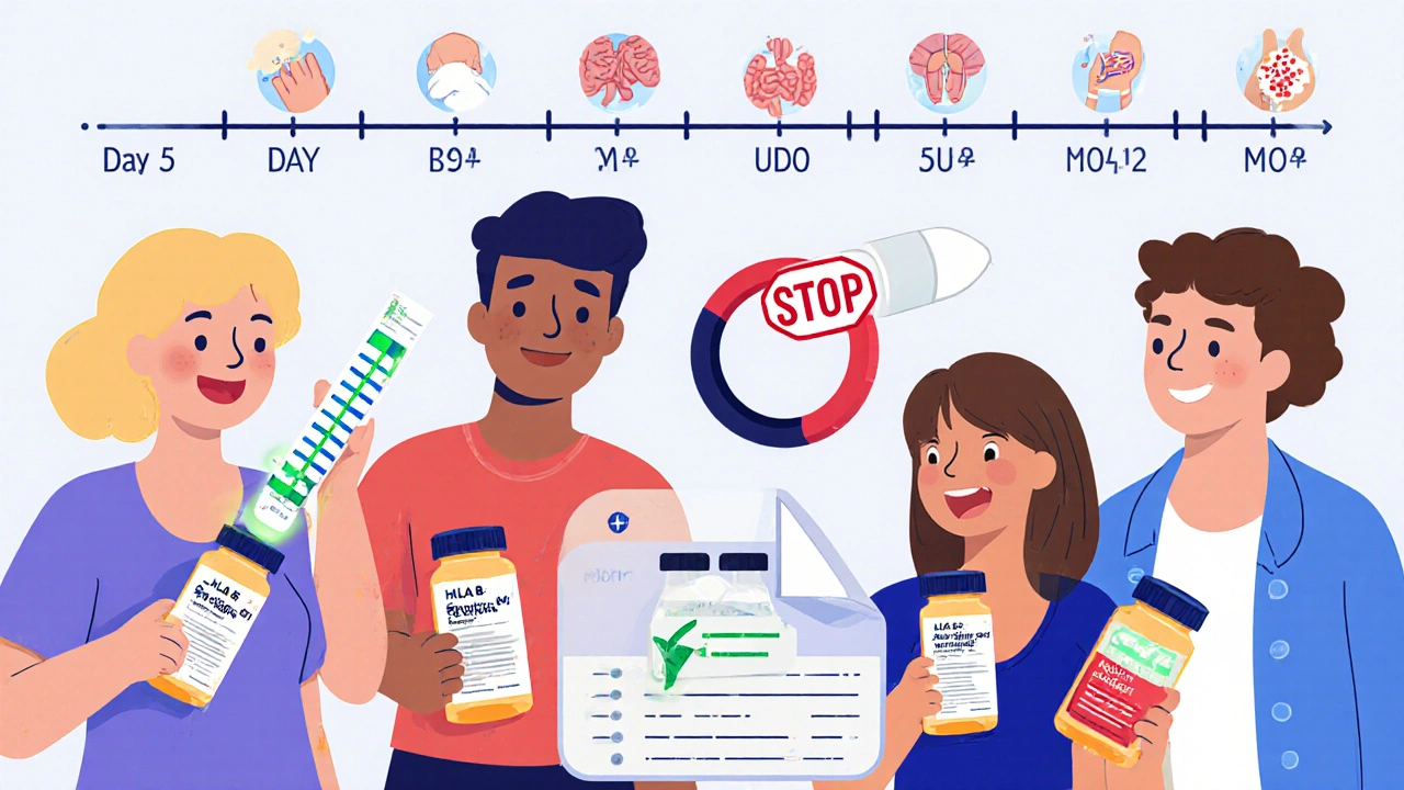 Diverse family with meds and genetic test, one holding allopurinol with stop sign, medical bracelet floating