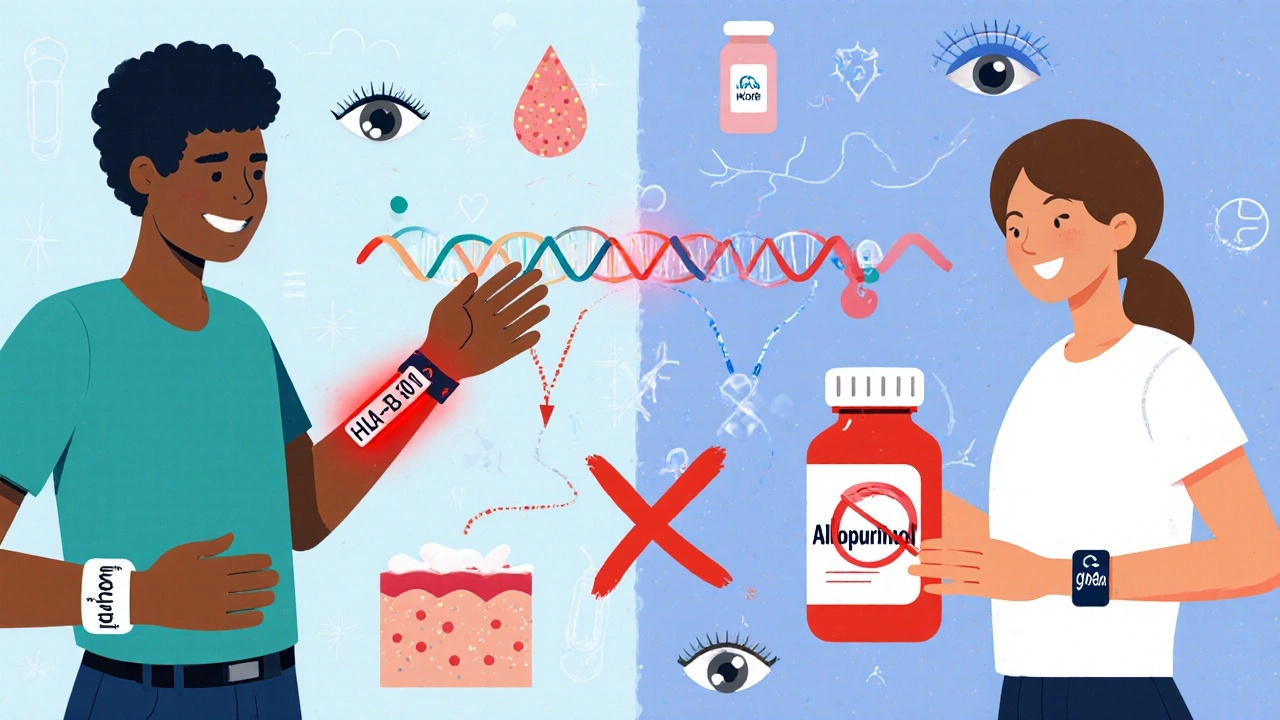 Diverse people with medical bracelets and DNA strand, one crossing out dangerous pill