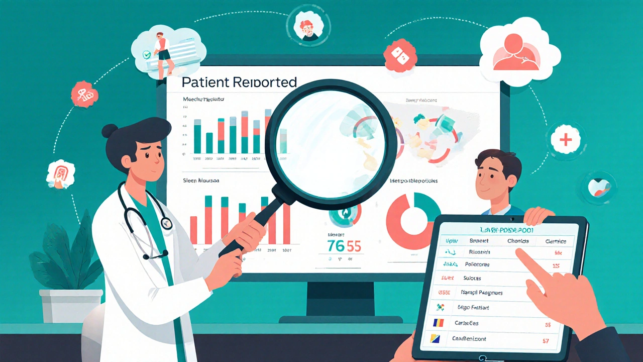 Doctor analyzing patient-reported data on a digital dashboard with colorful graphs
