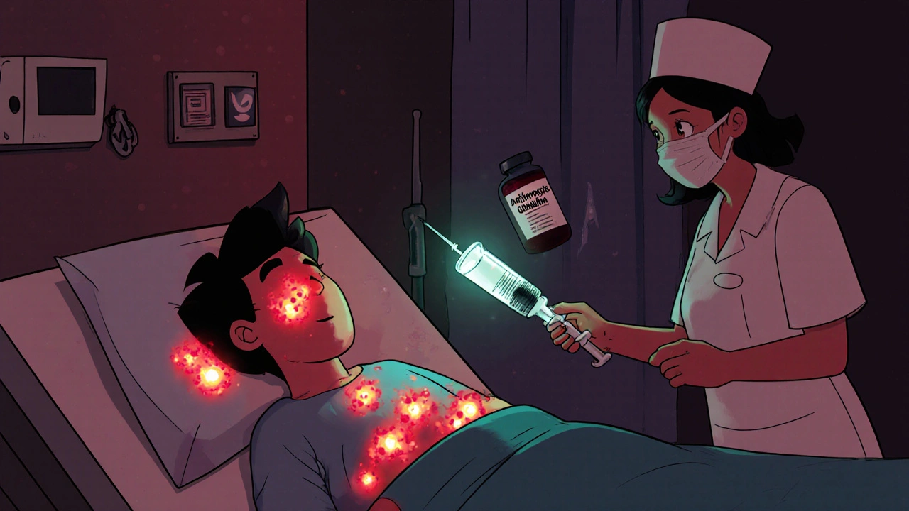 ER scene with fading blood cells and medical staff rushing in with treatment supplies.