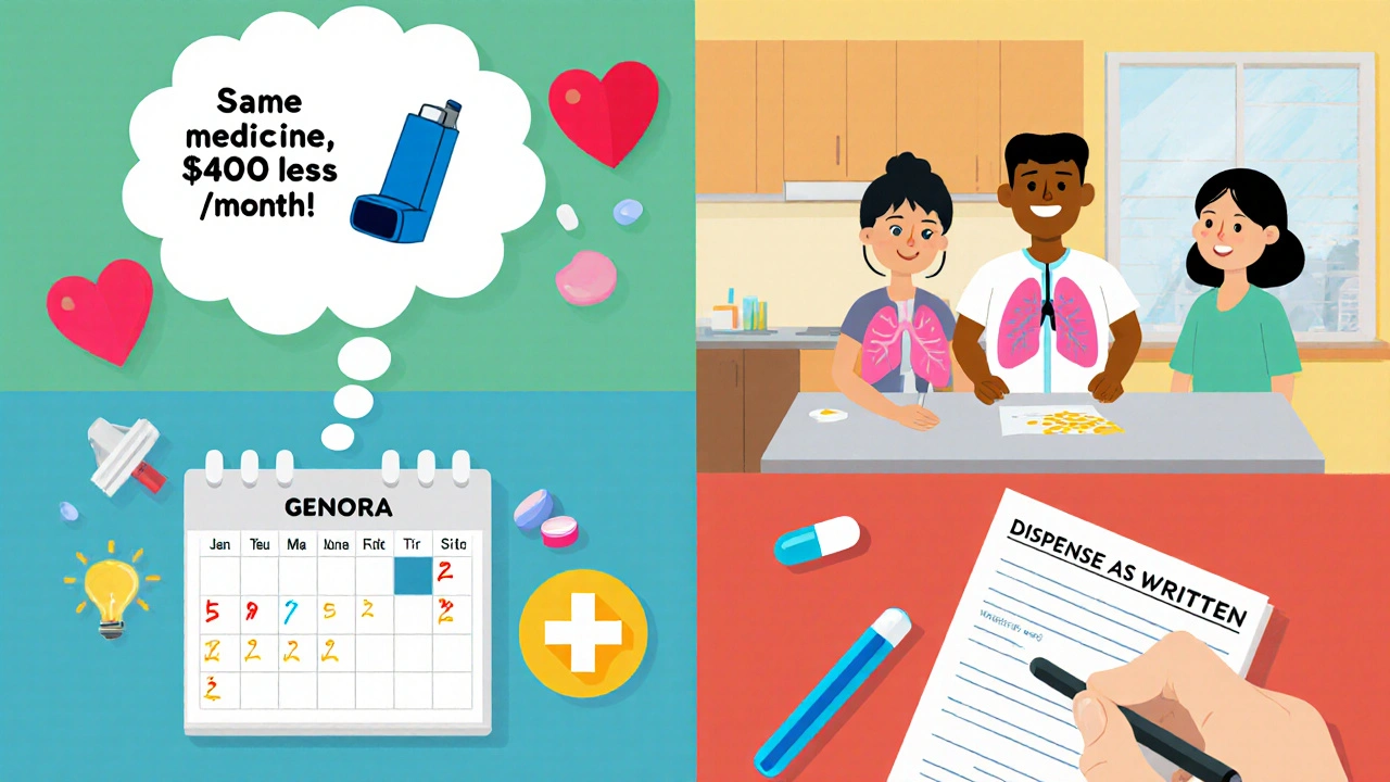 Family at kitchen table with pill calendar, showing savings from switching to generic medication.