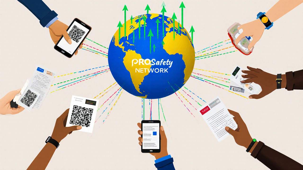 Global network of devices sending patient feedback to a safety hub in cartoon style