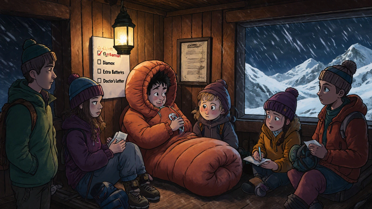 Group in teahouse with a Gammow Bag treating a sick trekker, checklist visible on wall.