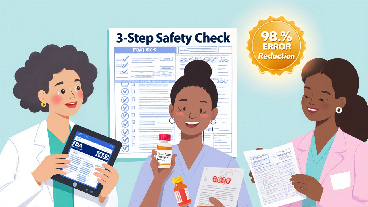 Healthcare workers follow a three-step safety process to clear expired meds, with photos, forms, and a recall checklist visible.