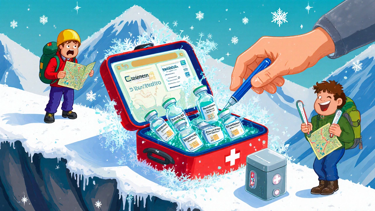Medical kit spilling pills and insulin on snow, with a glowing portable cooler nearby.