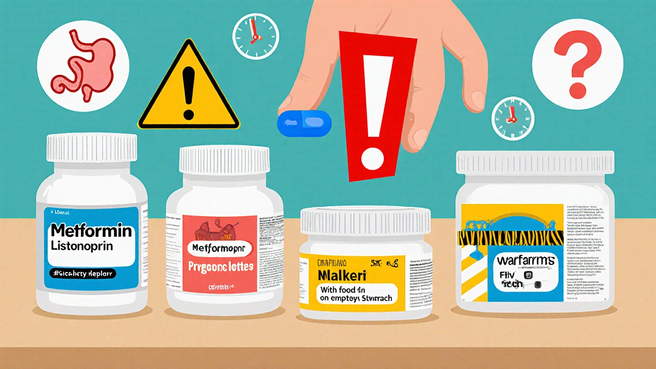 Multiple pill bottles with conflicting instructions on a kitchen counter, warning signs floating above.