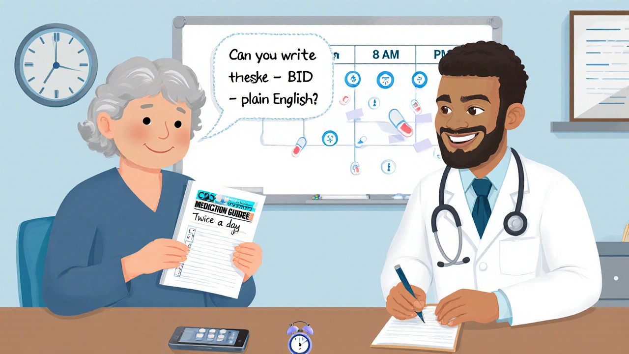 Patient asking doctor to write medication instructions in plain language during a clinic visit.