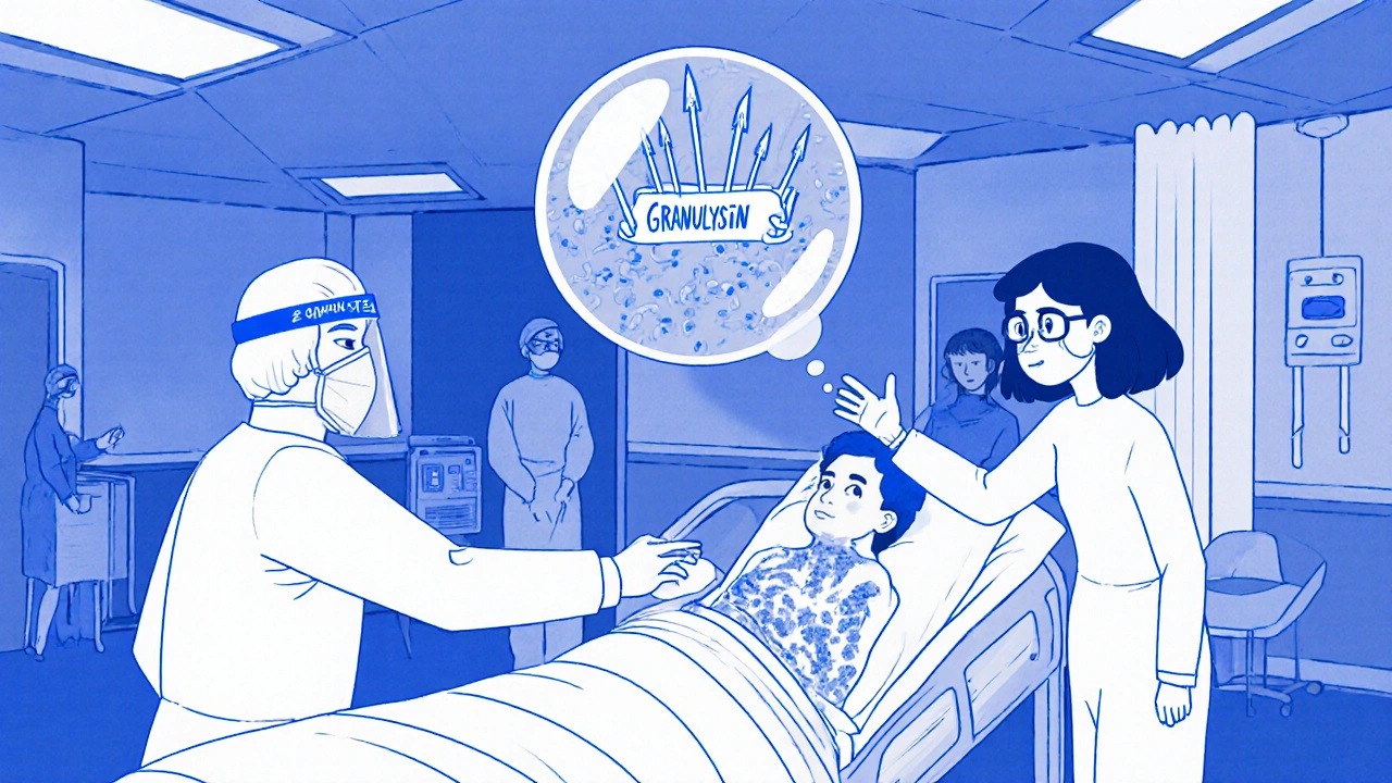 Patient in burn unit with doctors examining eyes, skin cells being pierced by granulysin spears