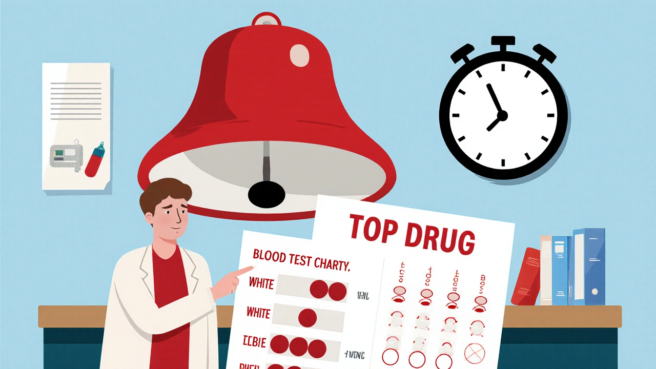 Patient showing blood test results with a giant alarm bell labeled &#039;STOP DRUG&#039; ringing above.