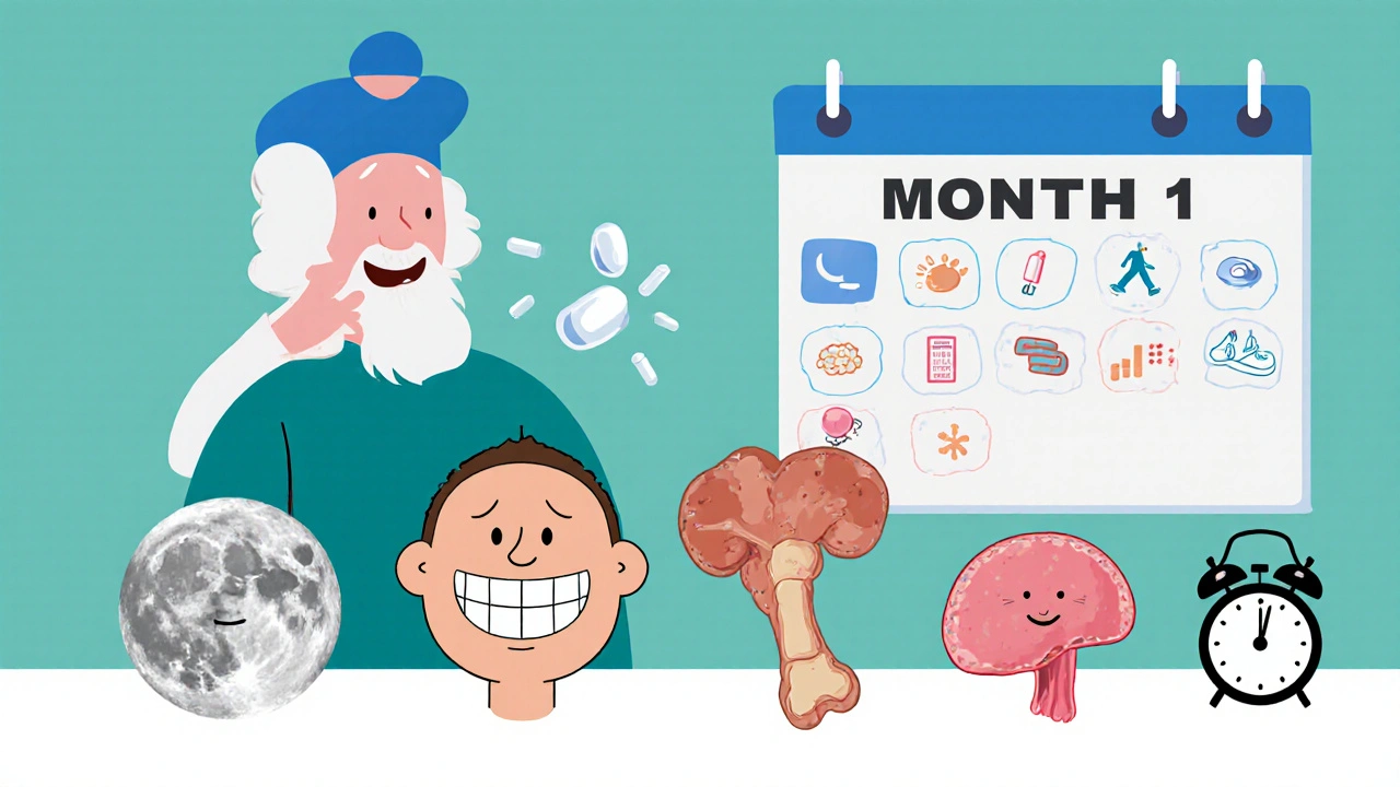 Patient slowly tapering pills as their body heals, with medical checkups and healthy habits in background.