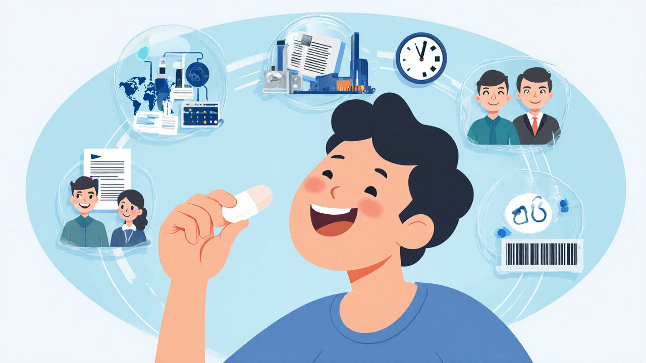 Patient taking generic pill with visual journey of FDA oversight and approval process.