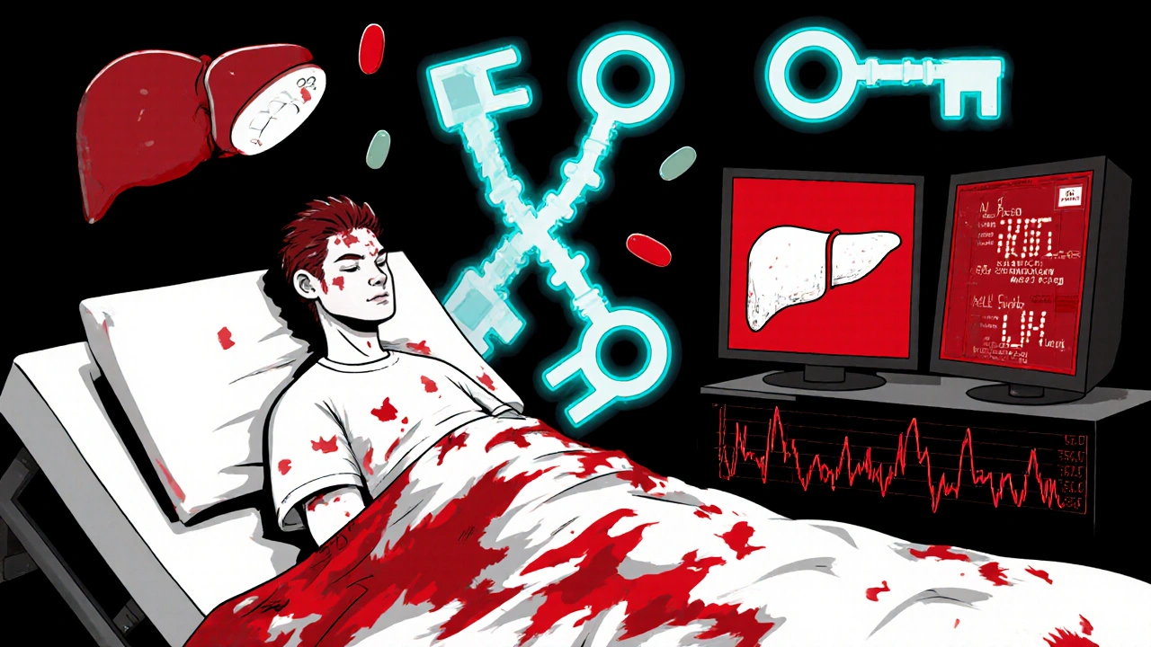 Patient with peeling skin, T-cells attacking drug keys, glowing HLA gene chain in background