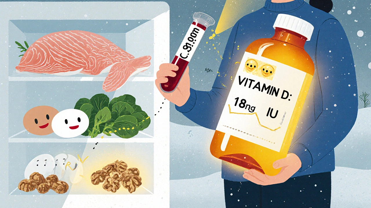 Person holding vitamin D test result next to healthy foods and supplement bottle, brain glowing with serotonin.