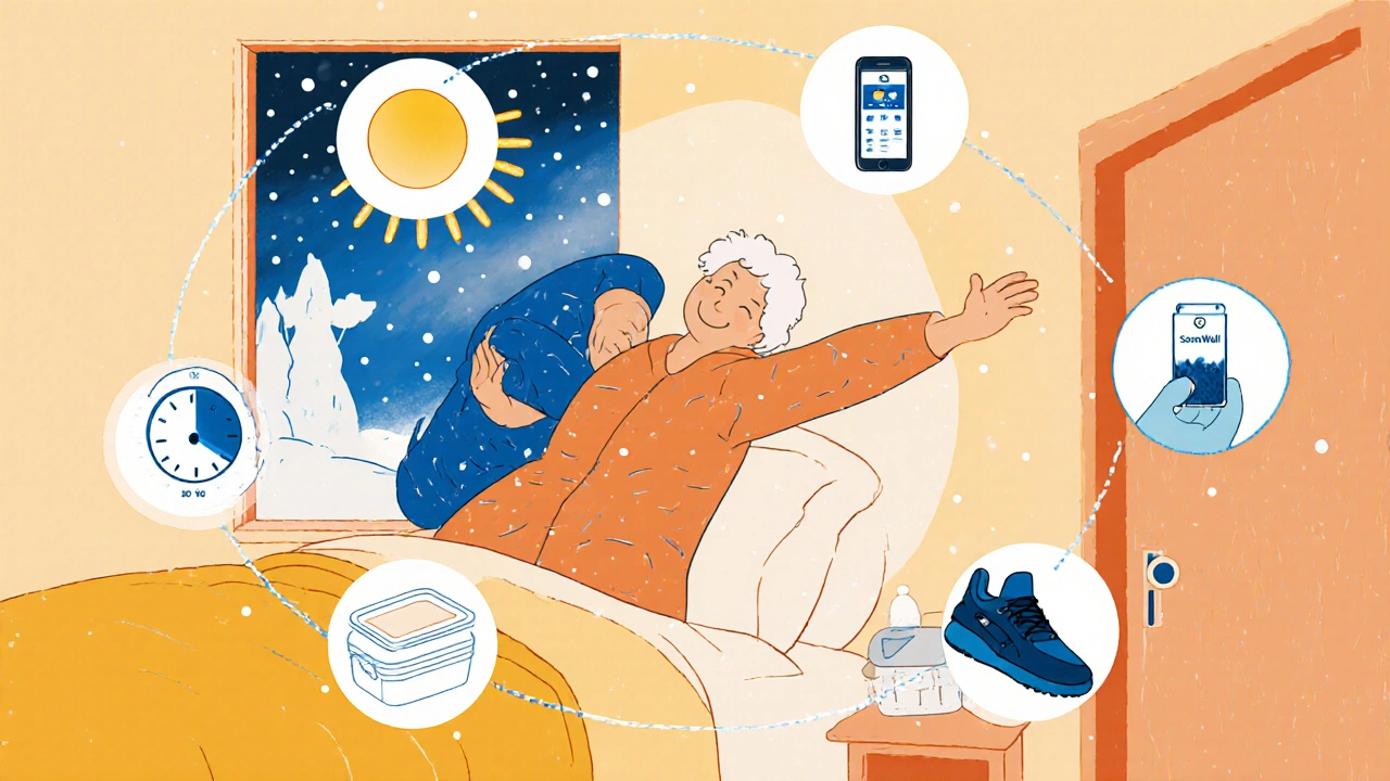 Person waking up to dawn simulator, surrounded by routine items: shoes, meal prep, and mental health app.