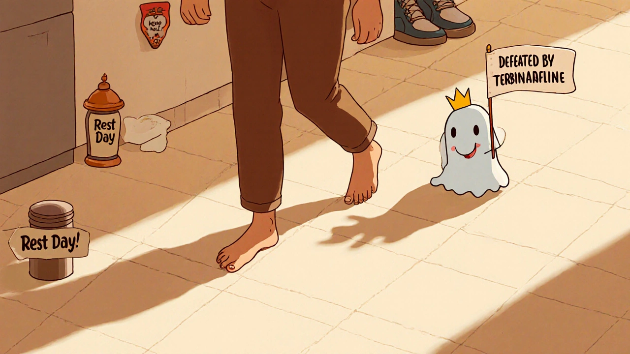 Person walking barefoot happily, shadow shows defeated fungus, with antifungal products and rotated shoes on counter