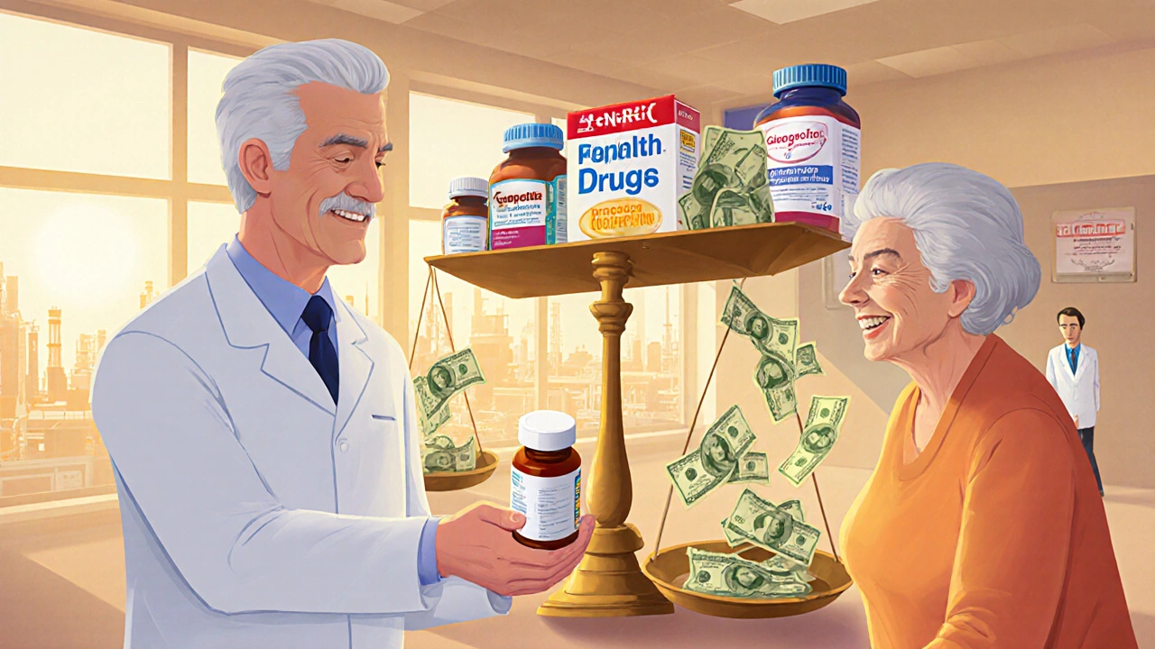 Pharmacist giving a generic pill bottle to an elderly patient, with dollar bills falling from the generic side.