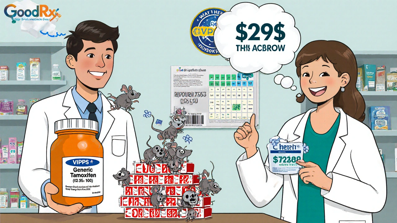 Pharmacist holding real tamoxifen next to fake pills with skulls, patient holding a GoodRx coupon.