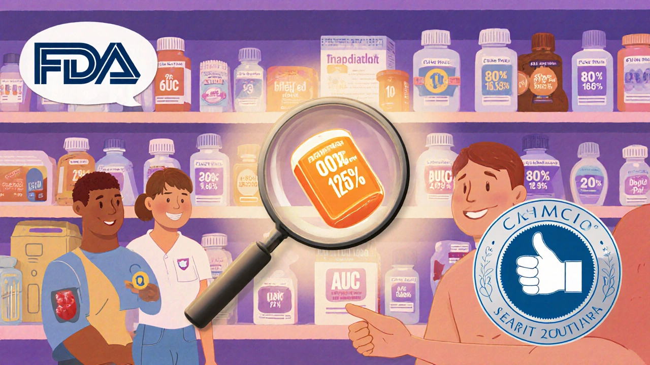 Pharmacy shelf with generic pills glowing in approved Cmax and AUC range, magnifying glass revealing medicine entering blood.