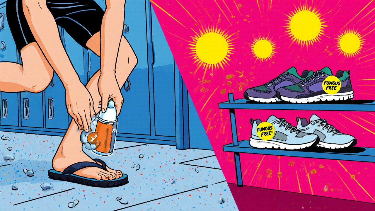 Runner applying antifungal spray between toes, with fungal spores in locker room and drying shoes in background