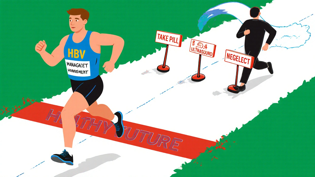 Runner crossing finish line at HBV management checkpoints with neglect figure trailing