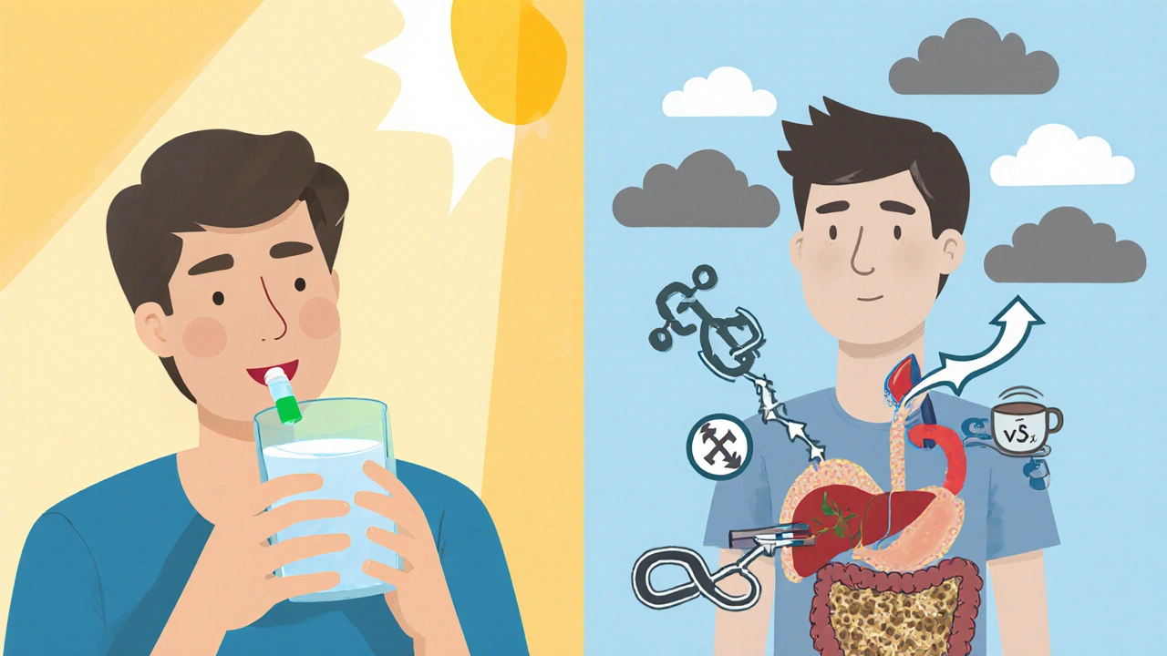Side-by-side cartoon: correct vs incorrect pill timing affecting thyroid absorption