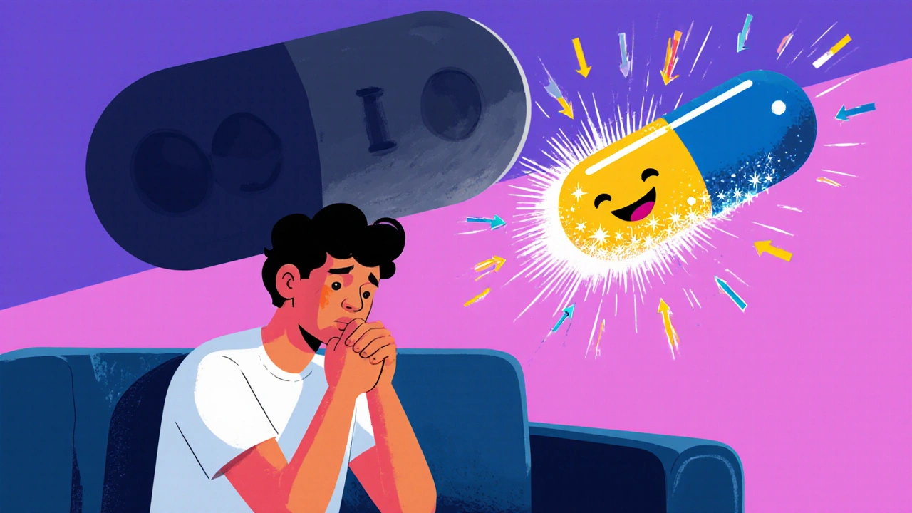 Someone regaining their sex drive as a bupropion pill counteracts a dark SSRI shadow in cartoon style.