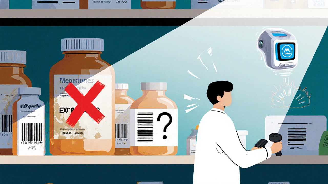 Technician scans an expired medication bottle under bright light, with an AI scanner hovering and a faded label marked by a question mark.