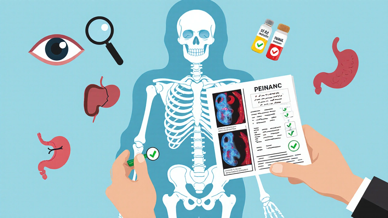 Transparent skeleton showing bone loss and organ risks from long-term steroid use with medical icons.
