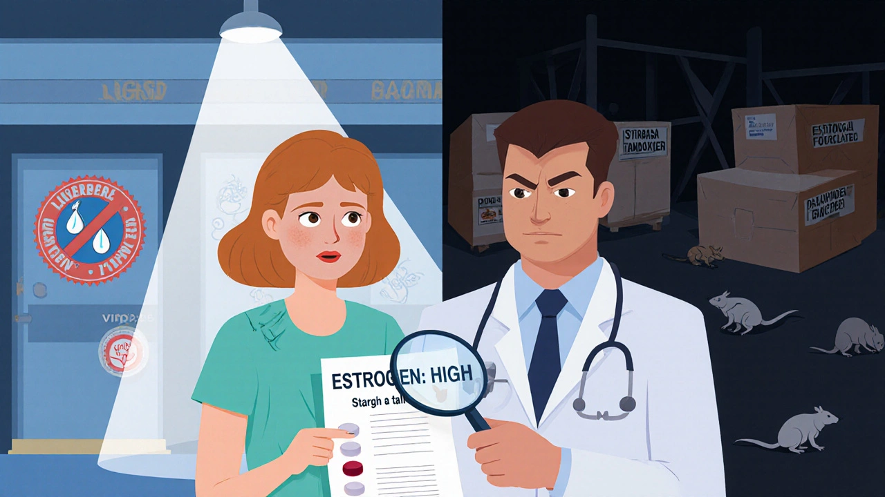Woman with high estrogen report, doctor showing fake pills, split screen of safe vs dangerous pharmacy.