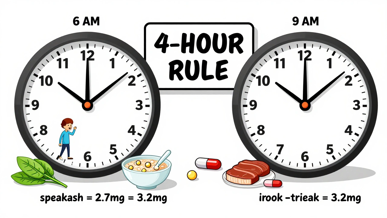 24-hour timeline showing thyroid pill and iron supplement timing with food icons.