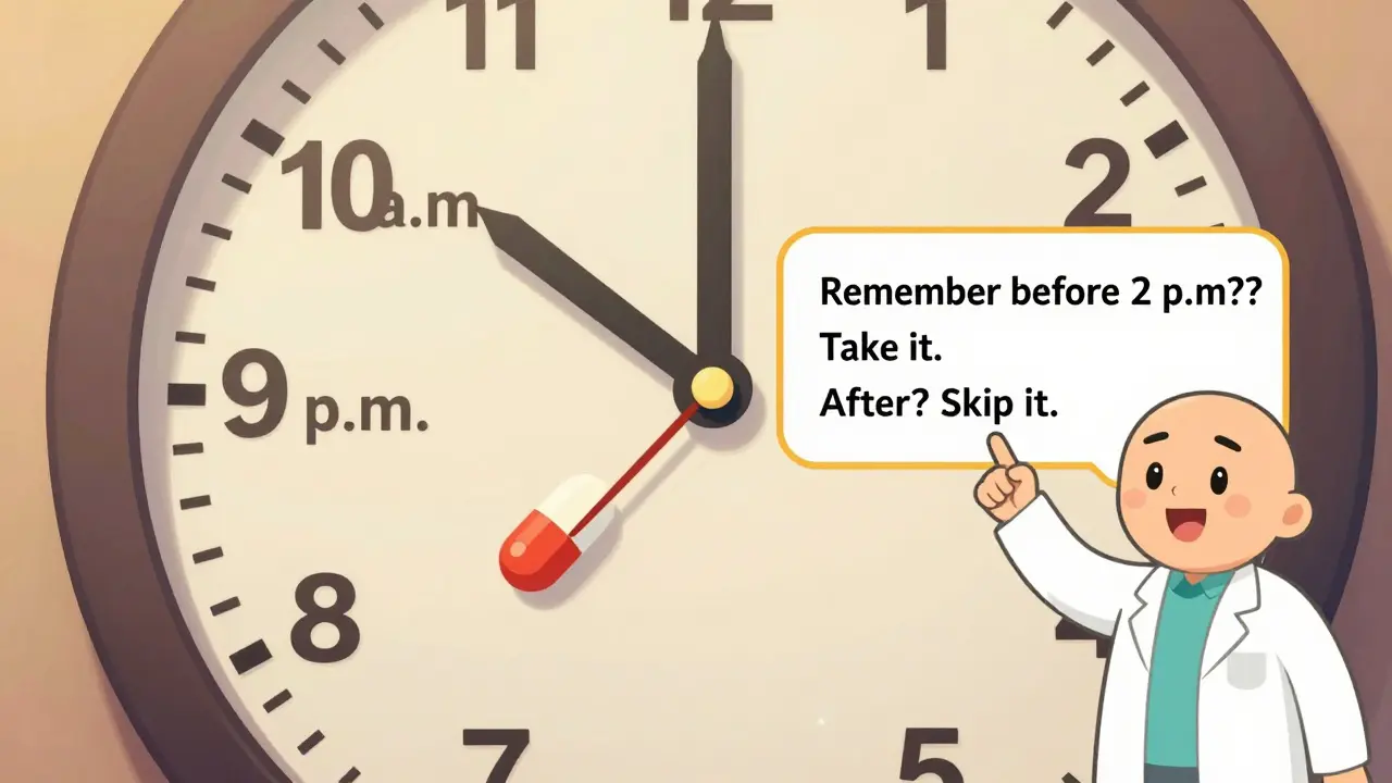 A clock with pill slots and a pharmacist pointing to a simple skip-or-take chart.