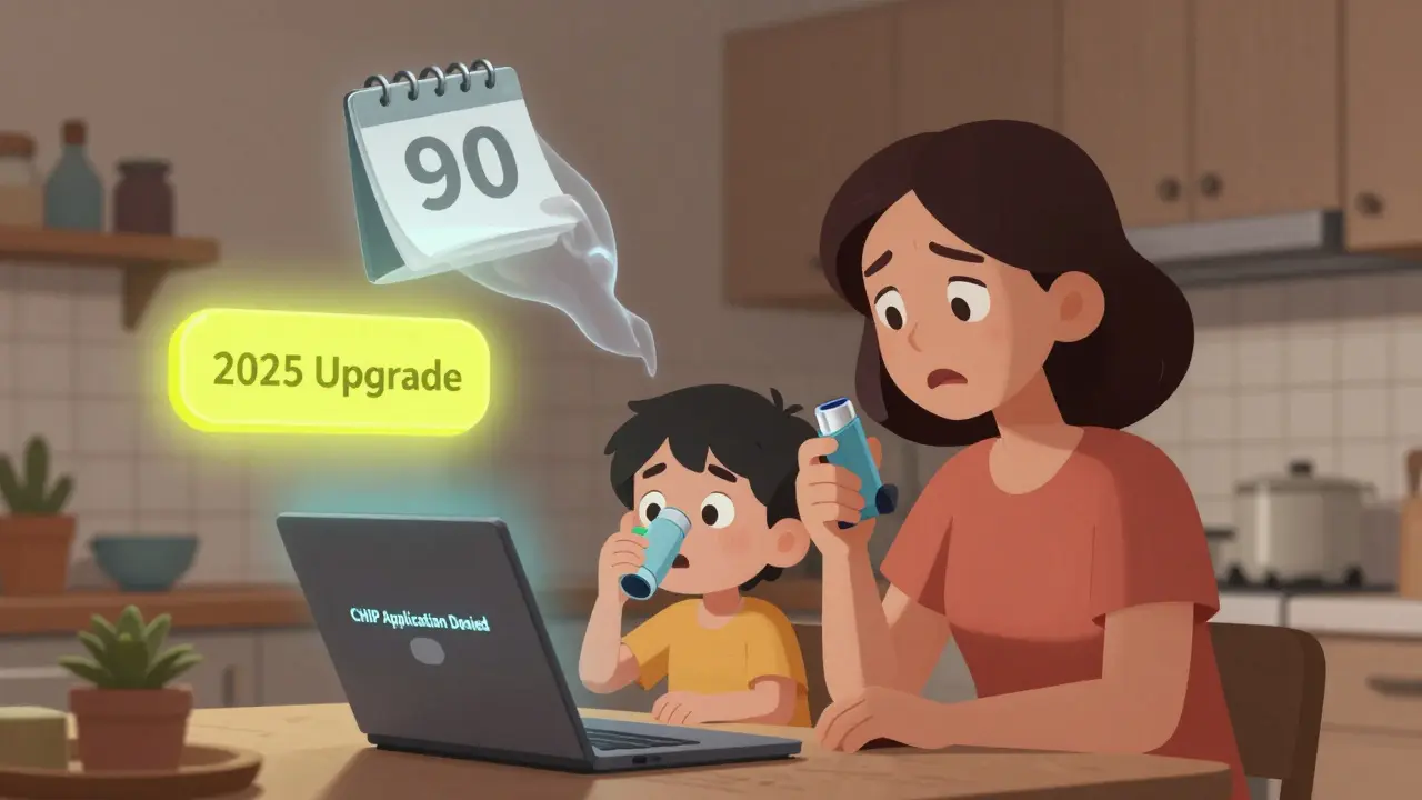 A family sees a CHIP denial notice while a child holds an empty inhaler, with a crumbling 90-day calendar and a glowing 2025 upgrade button in the background.