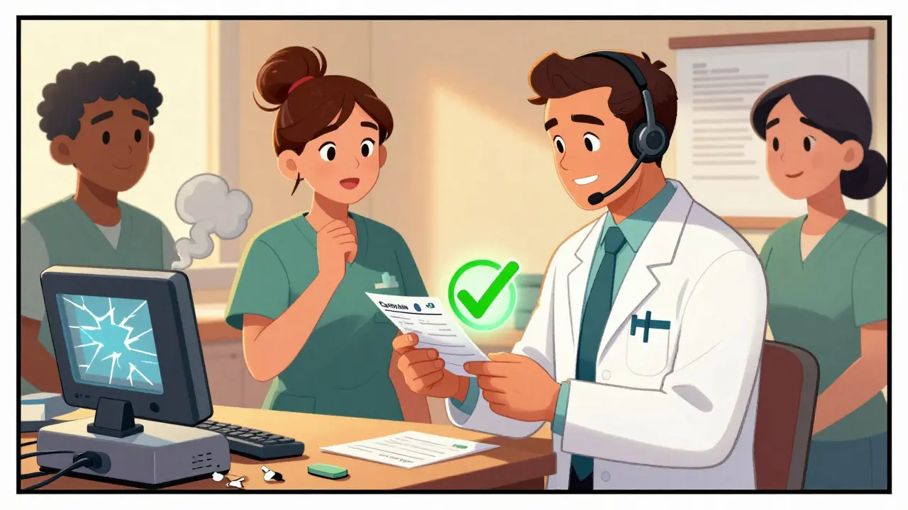 A pharmacist verifying a prescription label with a certified translator, while broken translation machines are thrown away.