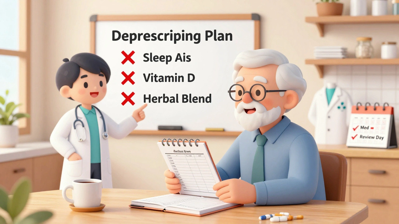 A senior reviewing a medication list at home with a doctor and pharmacist pointing to a deprescribing chart.