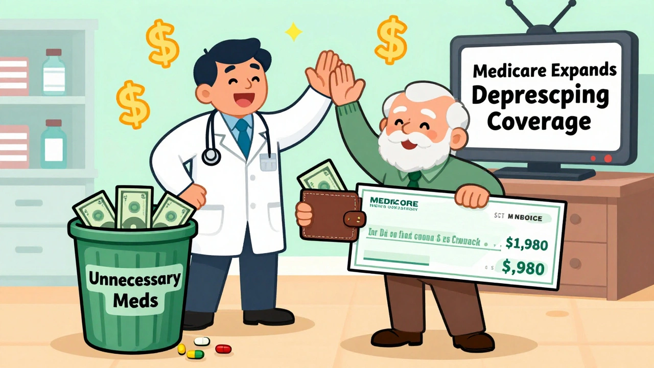 An elderly man celebrating savings after stopping unnecessary pills, with a doctor and pharmacist cheering.