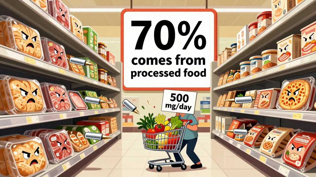Cartoon grocery store with processed foods shooting sodium bullets at a healthy shopper