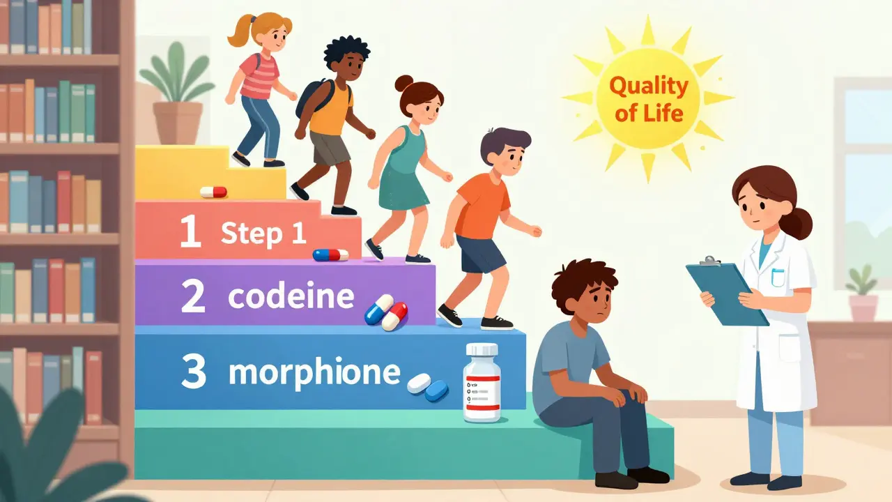 Colorful three-step pain ladder with patients climbing toward a sun labeled 'Quality of Life'.