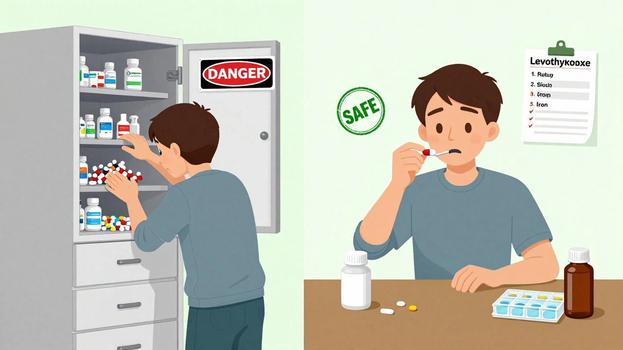 Contrasting cartoon scenes: chaotic medicine pile vs. organized, safe medication routine with timing.