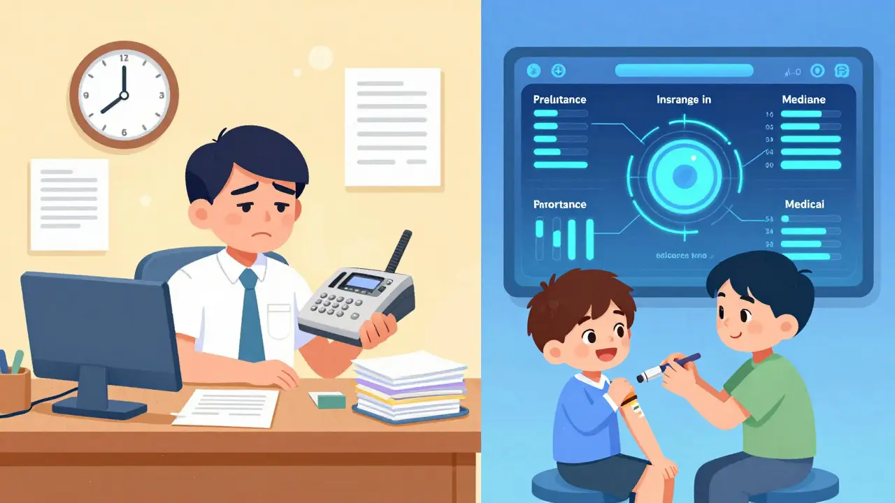 Contrasting state offices: one with paper files and delays, the other with real-time digital systems connecting insurance and Medicaid.