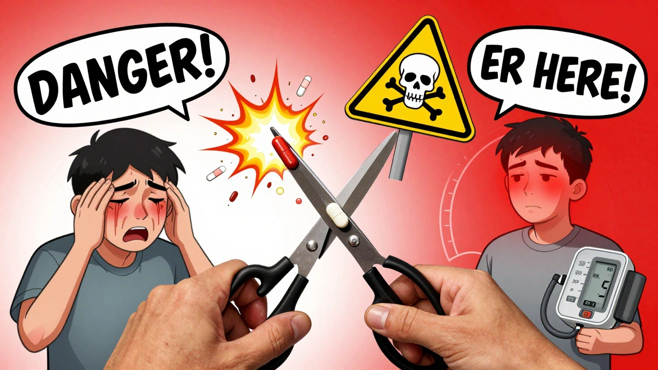 Dangerous tablet splitting causing explosion and warning signs with dizzy patient