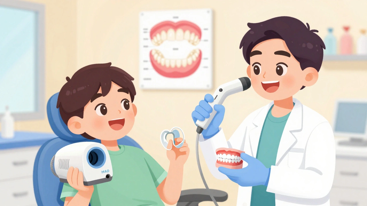 Dentist fitting a mandibular advancement device using a 3D scanner in a clinic.