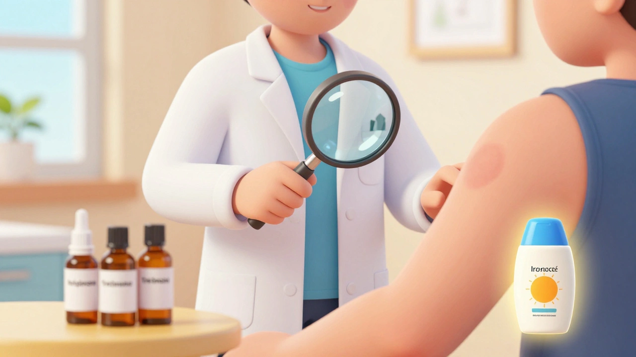 Dermatologist showing treatment options for hyperpigmentation with topical creams and tinted sunscreen.