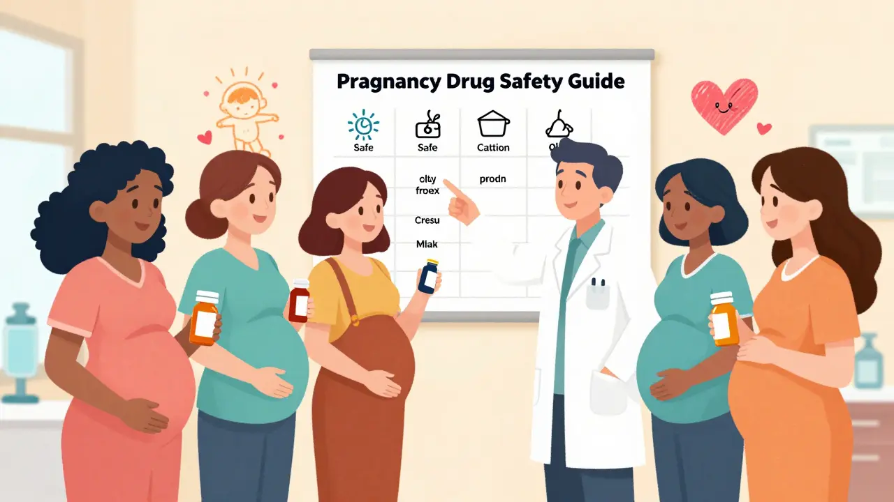 Diverse pregnant women consulting pharmacist and doctor about medication safety in a warm clinic setting.