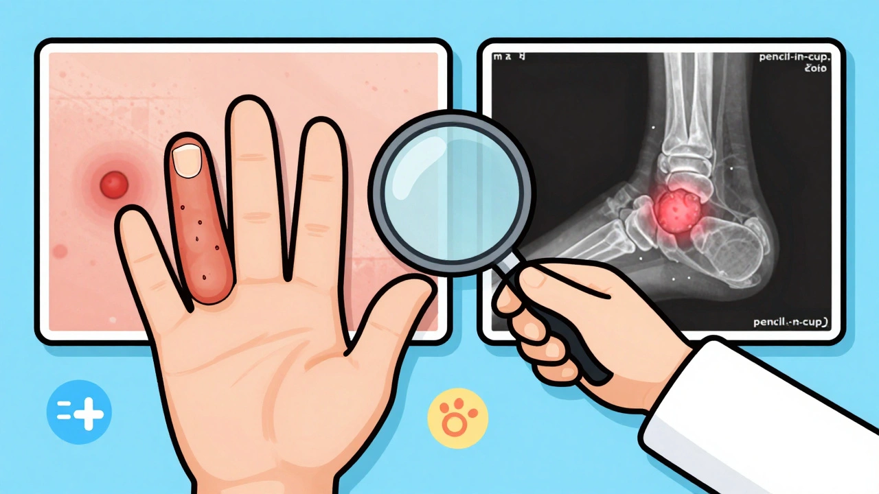 Doctor examining hand showing dactylitis, nail pits, and heel inflammation, cartoon style