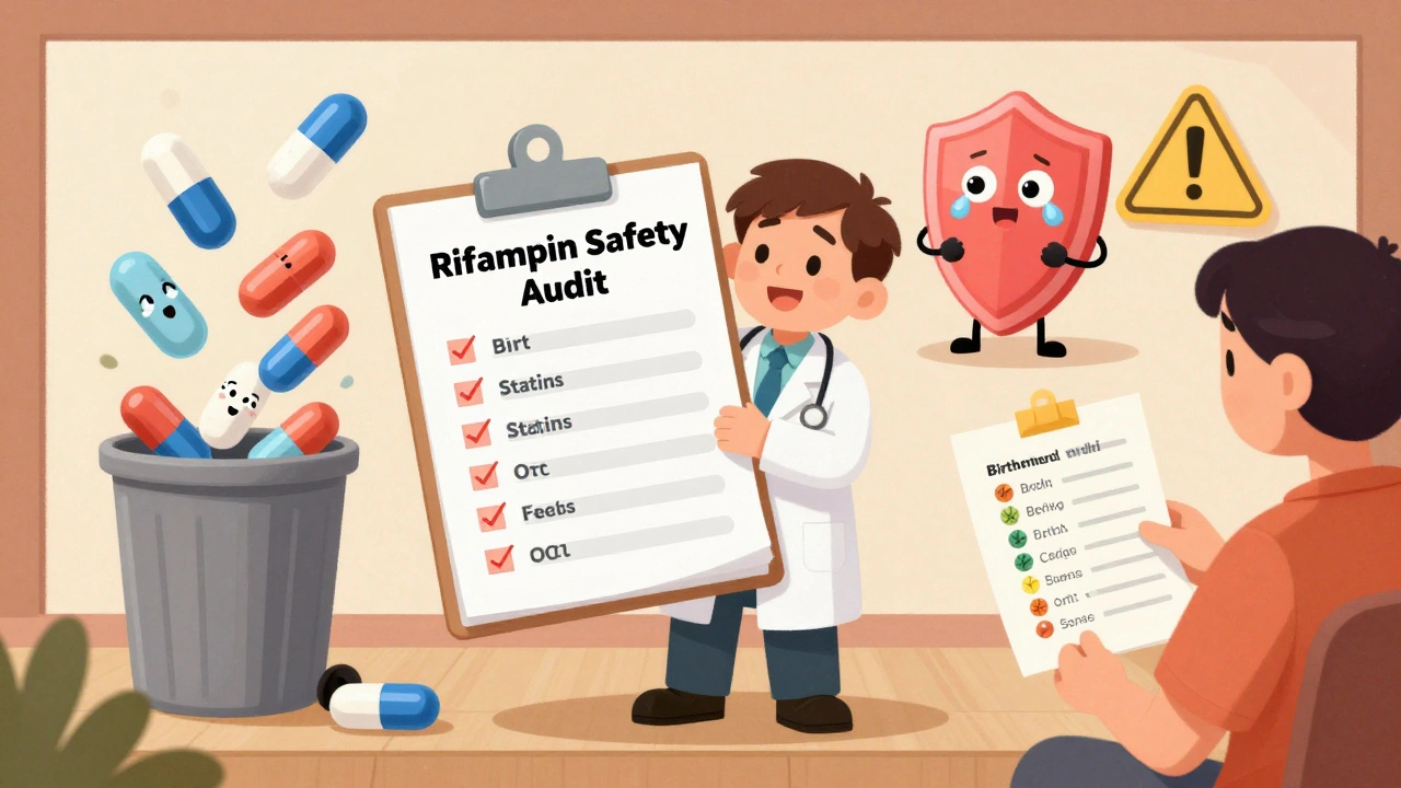 Doctor reviewing drug interactions with personified pills and an IUD shield