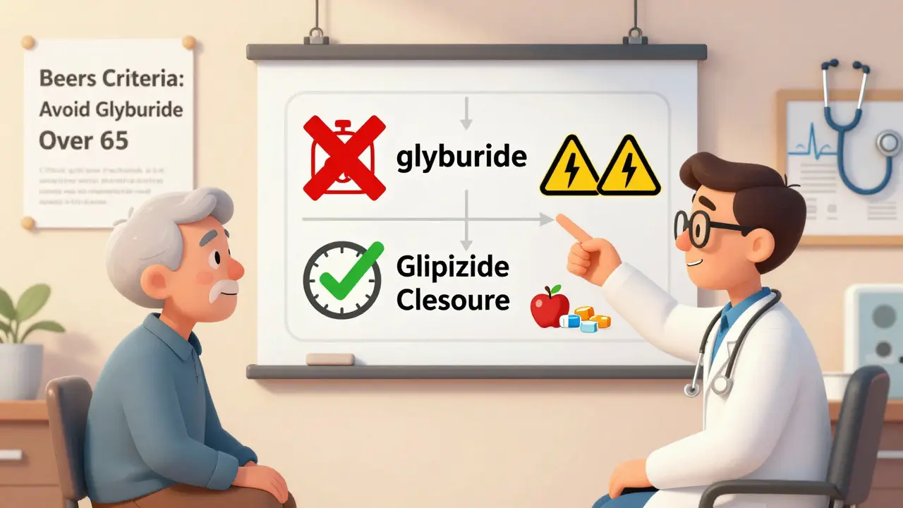 Doctor showing an elderly patient a comparison chart of sulfonylureas with warnings and safety icons.