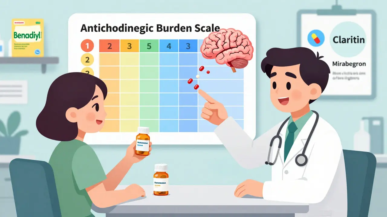 Doctor shows anticholinergic risk chart to patient with contrasting medication images.